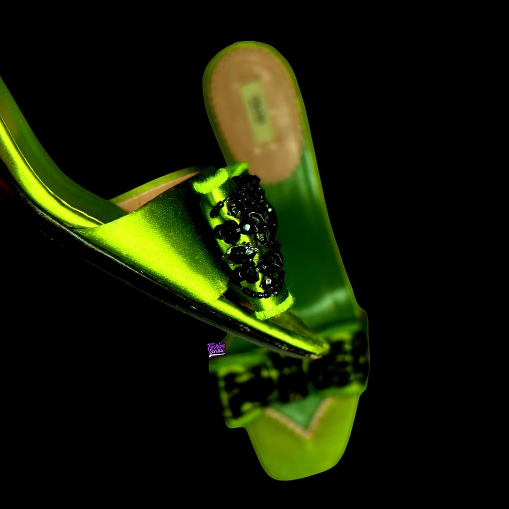 Prada Archive Poison Apple Silk Green Beaded Apliqué Bow 2000s Kitten Heel Mules - Picture 5 of 8